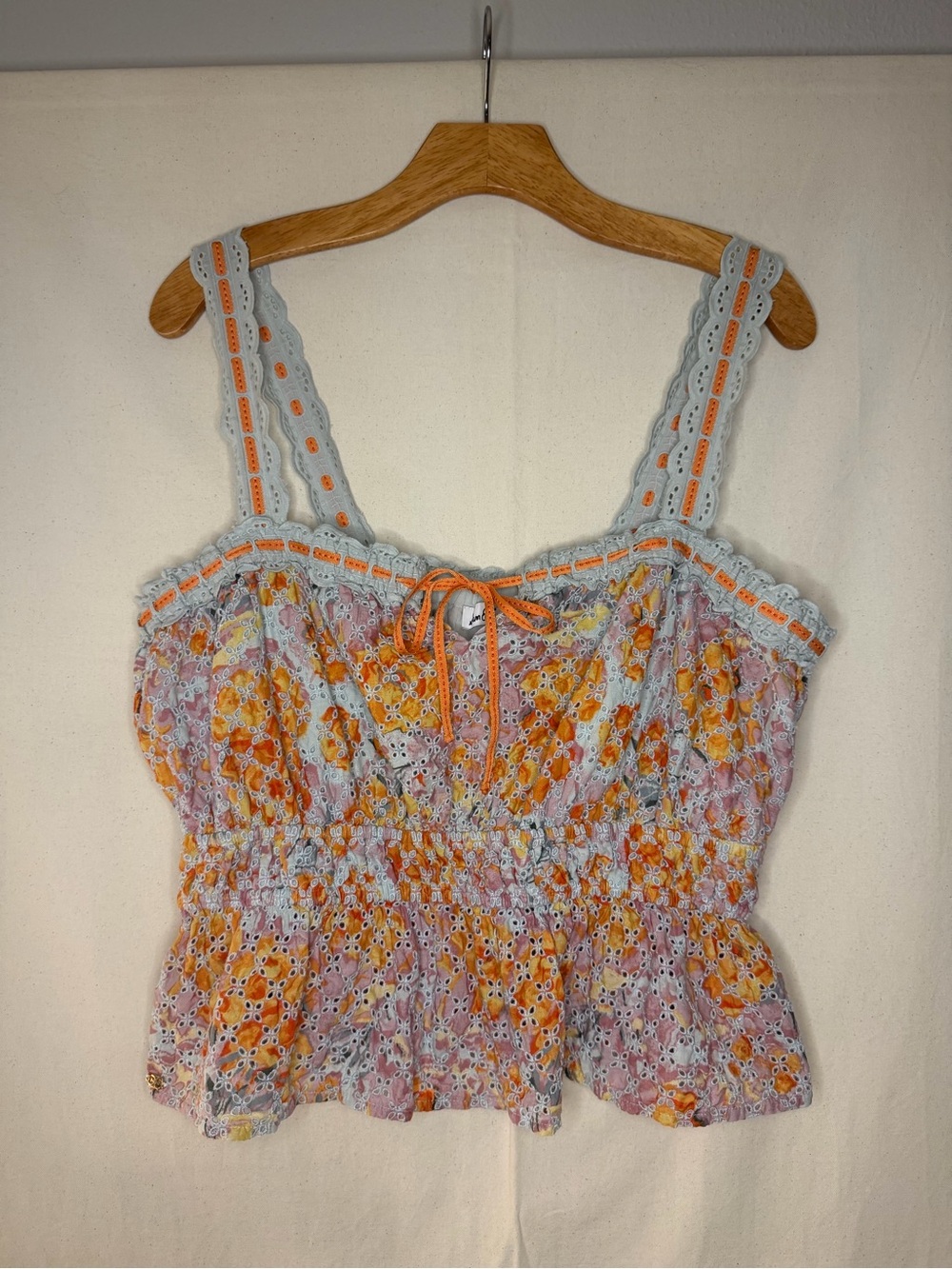 3/$20 Sam Edelman Floral Smocked Camisole in Pink & Orange Eyelet